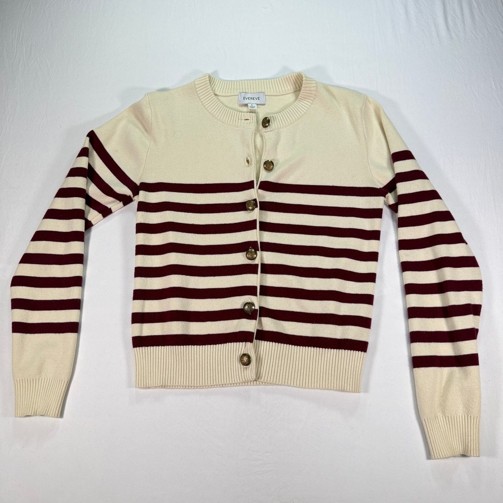 Evereve Striped Button Cardigan Women's Small Cream Burgundy Gold Crest‎ Buttons